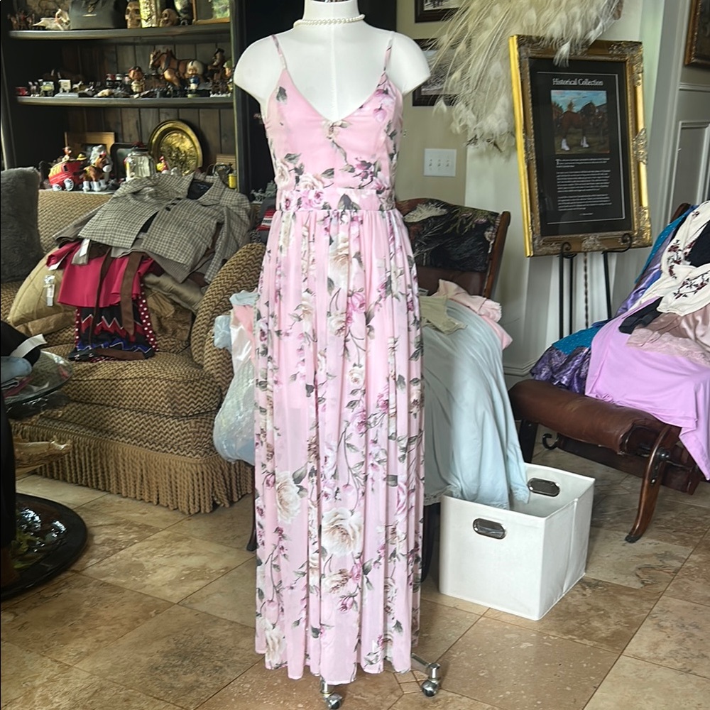 Pink Lily Sz S Floral Pink Backless Maxi Dress EUC